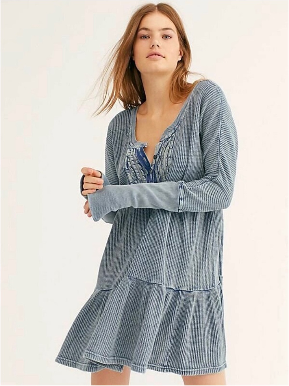 Free People One “Jolene” blue acid wash thermal knit swing dress (XS)